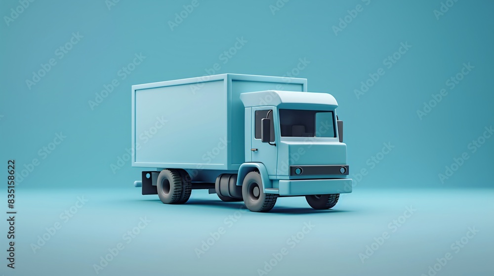 Naklejka premium 3D render of a light blue truck on a plain blue background, ideal for logistics, transportation, and delivery-themed projects. 3D Illustration.