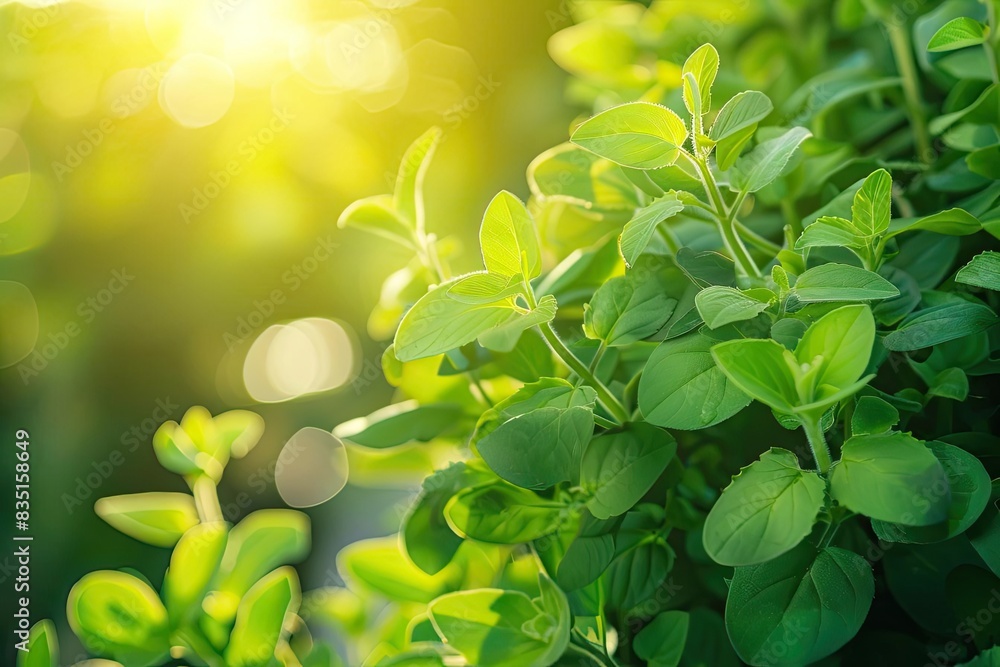 Close-up of vibrant green oregano leaves in sunlight. Fresh aromatic herb in a sunny garden. Perfect for culinary and medicinal uses. Close-up of vibrant green oregano leaves in sunlight. Fresh aromatic herb in a sunny garden. Perfect for culinary and medicinal uses.