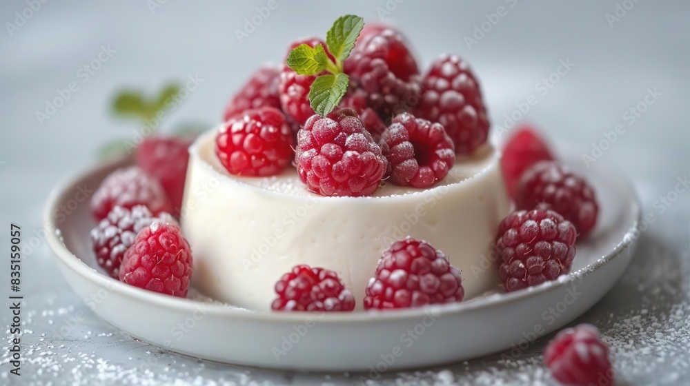 Delicious panna cotta dessert topped with fresh raspberries and a sprig of mint. Delicious panna cotta dessert topped with fresh raspberries and a sprig of mint.