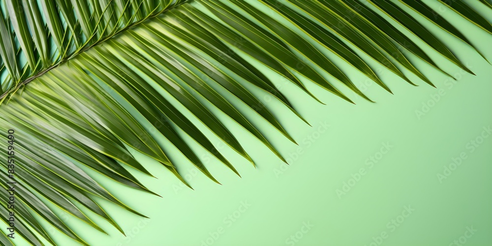 Palm leaves in aerial shot against soft green background with copy space. Concept Palm Leaves, Aerial Shot, Soft Green Background, Copy Space Palm leaves in aerial shot against soft green background with copy space. Concept Palm Leaves, Aerial Shot, Soft Green Background, Copy Space