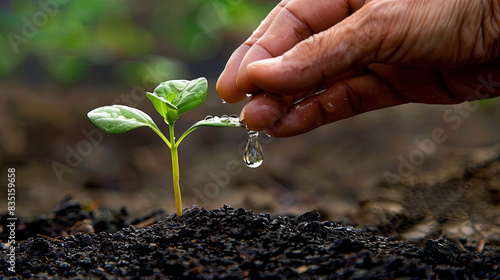 A nurturing hand waters a delicate sapling, symbolizing new beginnings and growth