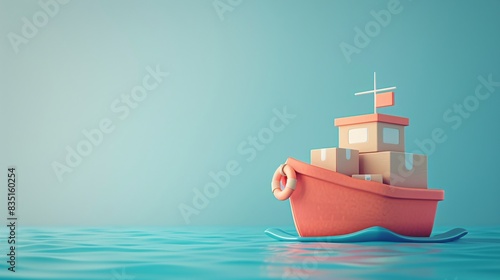 A charming cartoon cargo ship with boxes onboard floating on calm blue water, ideal for maritime or logistics themed designs. 3D Illustration.