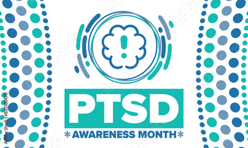 PTSD Awareness Month in June. Post Traumatic Stress Disorder. Celebrated annual in United States. Medical health care and awareness design. Poster, card, banner and background. Vector illustration