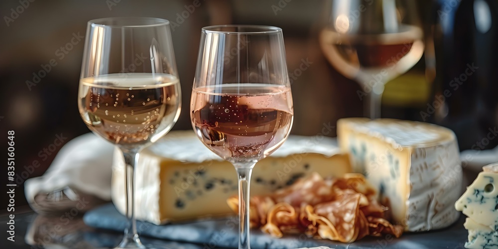 Wine Glasses Closeup with Decadent Cheeses in the Background. Concept Food Photography, Wine Tasting, Gourmet Pairings, Culinary Delights Wine Glasses Closeup with Decadent Cheeses in the Background. Concept Food Photography, Wine Tasting, Gourmet Pairings, Culinary Delights