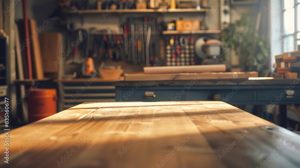 A woodworking shop with a rustic charm, centered around a workbench A woodworking shop with a rustic charm, centered around a workbench