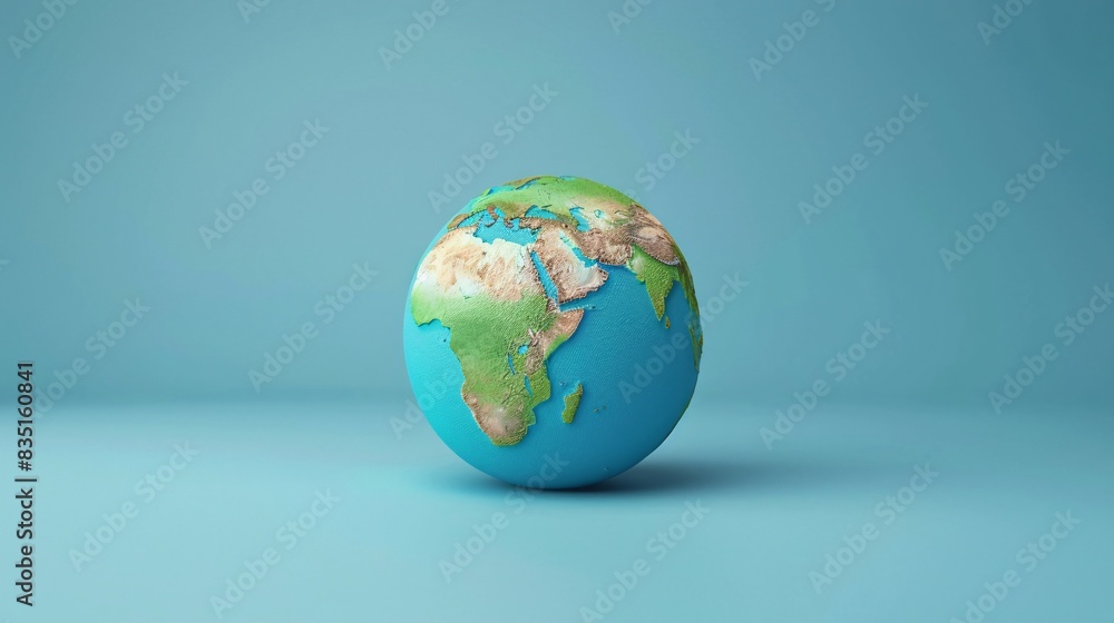 A detailed model of Earth showing continents and oceans on a plain blue background, representing geography and global concepts. 3D Illustration. A detailed model of Earth showing continents and oceans on a plain blue background, representing geography and global concepts. 3D Illustration.