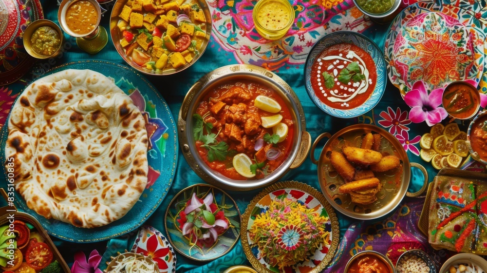 An array of colorful Indian dishes including curry, biryani, samosas, and naan bread, served on brass plates against a vibrant backdrop. An array of colorful Indian dishes including curry, biryani, samosas, and naan bread, served on brass plates against a vibrant backdrop.