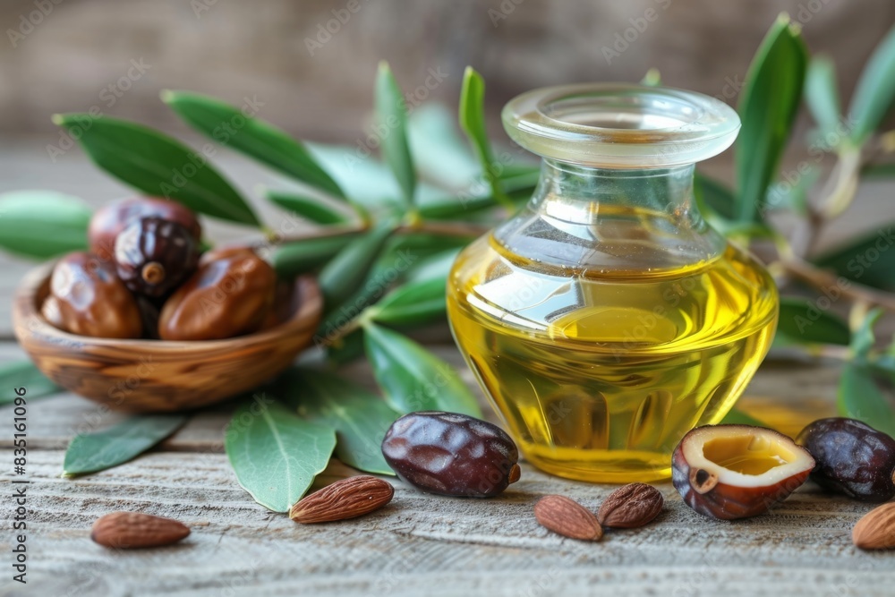 Jojoba oil in glass bottle with jojoba seeds and leaves on wooden surface. Rustic still life photography for design and print. Generative AI Jojoba oil in glass bottle with jojoba seeds and leaves on wooden surface. Rustic still life photography for design and print. Generative AI