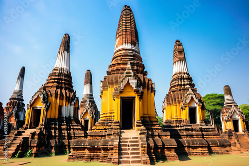 Ancient Ayutthaya temple ruins with towering prangs photo