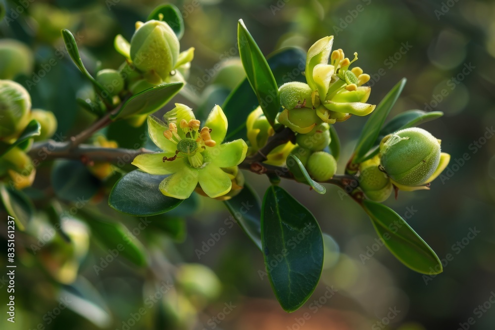 Jojoba plant with green flowers and buds. Close-up botanical photography for design and print. Generative AI