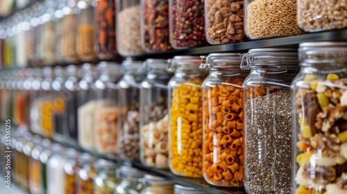 A row of glass jars filled with various types of food