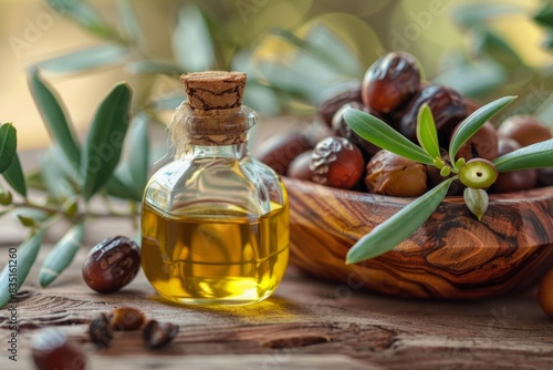 Jojoba oil in glass bottle with cork, jojoba seeds in wooden bowl, and leaves on wooden surface. Rustic still life photography for design and print. Ayurvedic herbs, Ayurveda, Generative AI