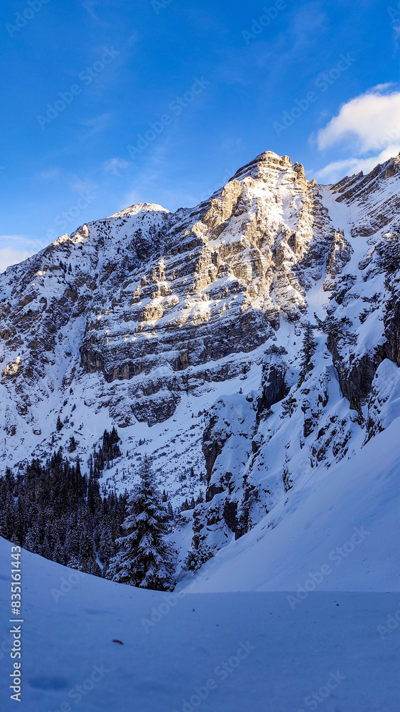 Fototapeta premium Snow covered mountain peaks in the German Alps in winter