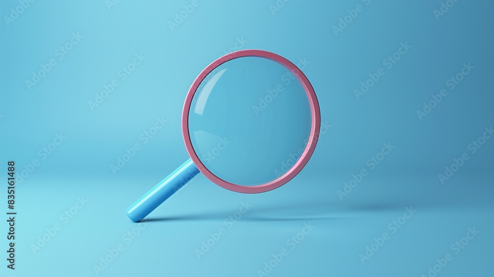 A magnifying glass with a red frame and blue handle isolated on a blue background, symbolizing search, research, and investigation. 3D Illustration. A magnifying glass with a red frame and blue handle isolated on a blue background, symbolizing search, research, and investigation. 3D Illustration.