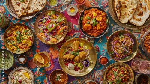 An array of colorful Indian dishes including curry, biryani, samosas, and naan bread, served on brass plates against a vibrant backdrop.