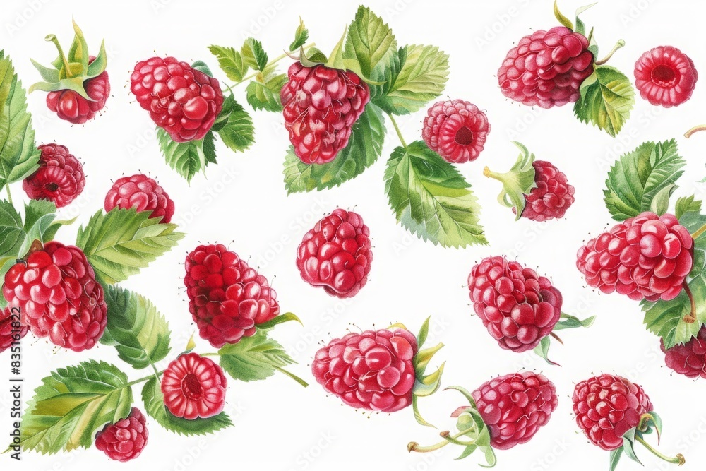 Pattern of ripe red raspberries and green leaves on a white background. Botanical watercolor illustration. Food and nature concept for design and print. Generative AI Pattern of ripe red raspberries and green leaves on a white background. Botanical watercolor illustration. Food and nature concept for design and print. Generative AI