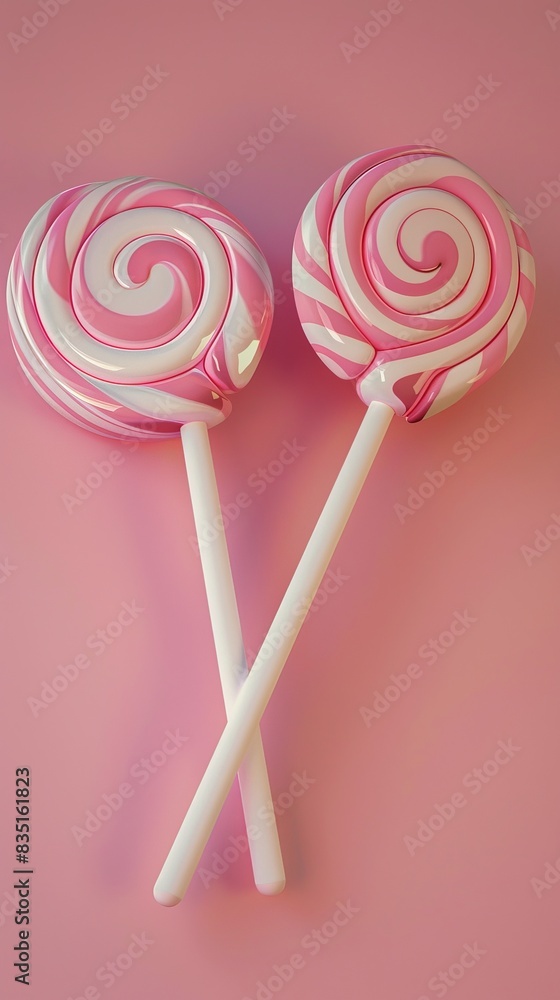 Two pink and white swirl lollipops on pink background, sweet treat concept Two pink and white swirl lollipops on pink background, sweet treat concept
