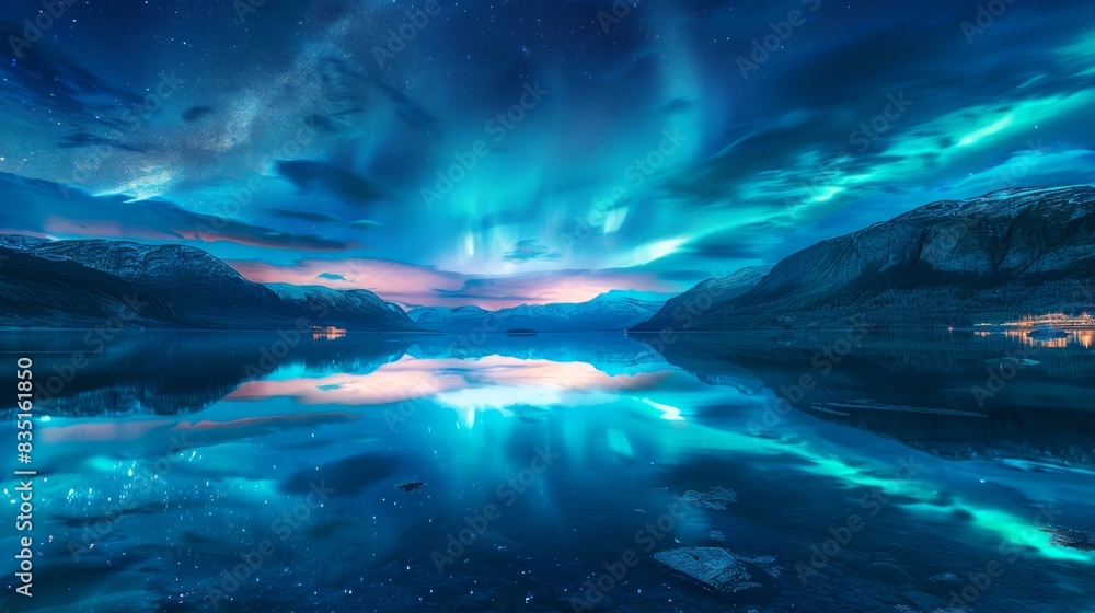 Aurora Australis reflecting on the calm waters of a fjord, with mountains in the background and stars in the sky. Aurora Australis reflecting on the calm waters of a fjord, with mountains in the background and stars in the sky.