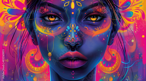 Detailed close-up of a woman's face with neon tribal makeup, showcasing her expressive eyes and vibrant colors in an artistic style. © NaphakStudio