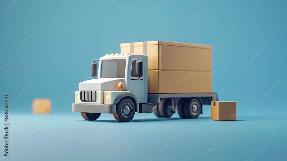 A stylized model of a delivery truck with cardboard boxes on a blue background, representing transportation and logistics. 3D Illustration. A stylized model of a delivery truck with cardboard boxes on a blue background, representing transportation and logistics. 3D Illustration.