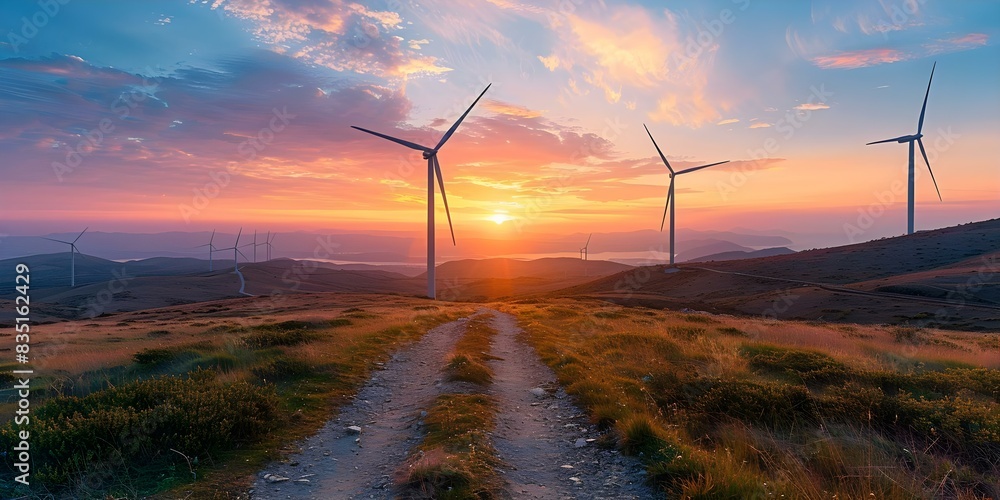 Sustainable Path through Meadow Leading to Wind Turbines on the Horizon at Sunset. Concept Sustainable Energy, Wind Turbines, Meadow Photography, Sunset Landscape, Environmental Conservation Sustainable Path through Meadow Leading to Wind Turbines on the Horizon at Sunset. Concept Sustainable Energy, Wind Turbines, Meadow Photography, Sunset Landscape, Environmental Conservation
