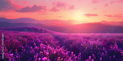 Bonito paisaje de lavanda o Lavandula flores color morado al fondo un horizonte de montañas al atardecer  photo