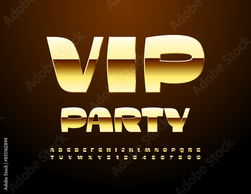 Vector trendy emblem Vip Party. Stylish Golden Font. Premium Alphabet Letters and Numbers set.