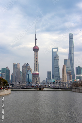 Waibaidu Bridge and Shanghai Pudong buildings in the background  photographed on the Bund  Shanghai  China
