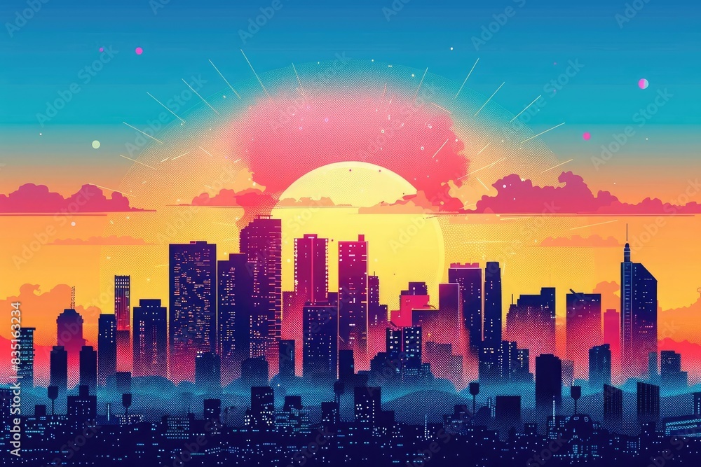A vibrant city skyline silhouetted against a colorful sunset with a bursting sun and clouds. A vibrant city skyline silhouetted against a colorful sunset with a bursting sun and clouds.