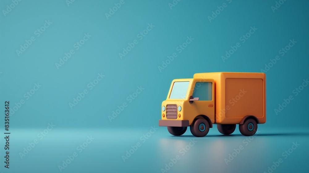 A small, bright orange toy delivery truck isolated on a plain blue background, representing transportation and logistics in a minimalist style. 3D Illustration. A small, bright orange toy delivery truck isolated on a plain blue background, representing transportation and logistics in a minimalist style. 3D Illustration.