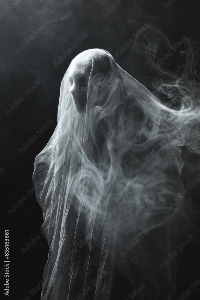 Eerie Ghost Veil Mysterious Figure in Misty White Shroud Amid Dark Fog Eerie Ghost Veil Mysterious Figure in Misty White Shroud Amid Dark Fog