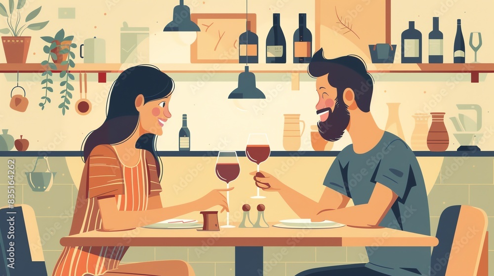 A couple is sitting at a table in a restaurant. They are both smiling and holding wine glasses. A couple is sitting at a table in a restaurant. They are both smiling and holding wine glasses.