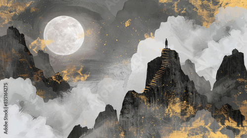 Moonlit quest. Surreal, misty landscape with person on top of a mountain, staring at the night sky. Digital illustration.