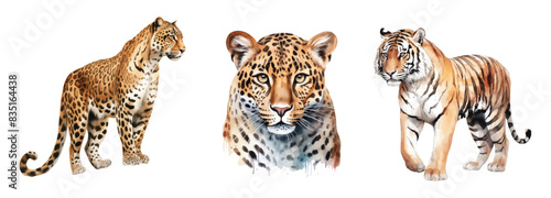 Watercolor set with leopard, jaguar and tiger