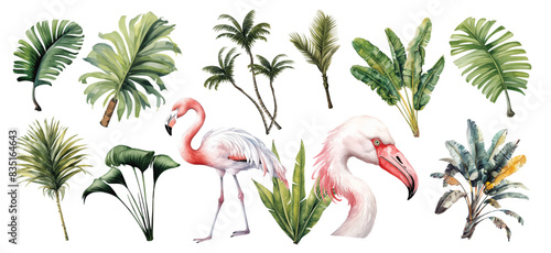 Watercolor tropical flamingo with green tropical plants