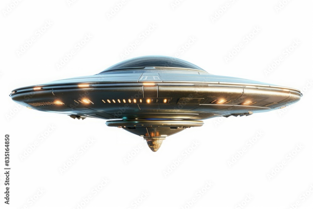 Metallic UFO spaceship with lights isolated on white background. Futuristic alien spacecraft design concept for sci-fi and fantasy themes. Generative AI Metallic UFO spaceship with lights isolated on white background. Futuristic alien spacecraft design concept for sci-fi and fantasy themes. Generative AI