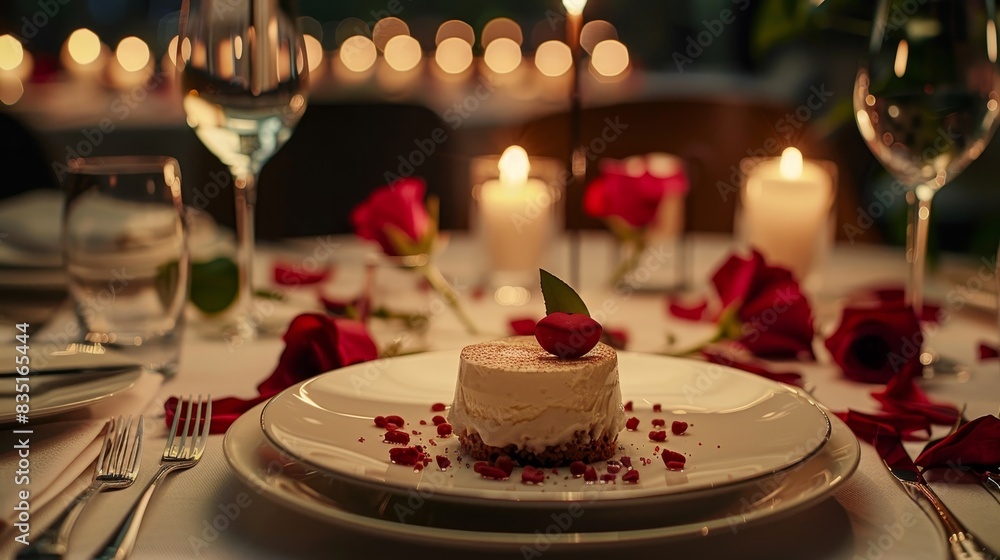 65. Elegant table setting with gourmet dessert, romantic candlelight, and luxurious restaurant ambiance 65. Elegant table setting with gourmet dessert, romantic candlelight, and luxurious restaurant ambiance