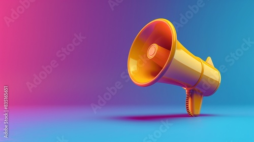 Bright yellow megaphone on a vibrant pink and blue gradient background symbolizing communication, announcement, and promotion. 3D Illustration. © Tackey