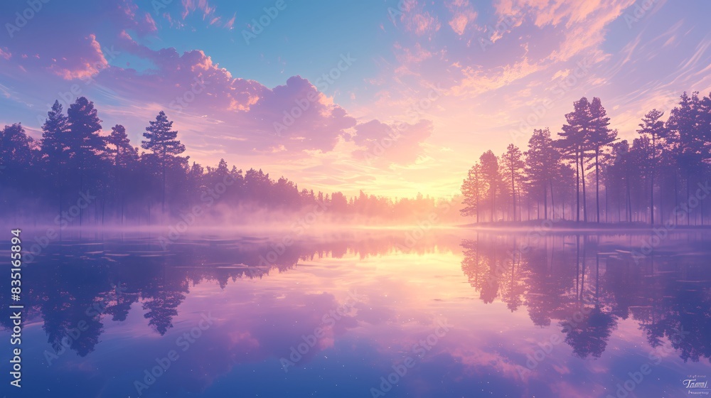 Calm lake at dawn with a reflection of the surrounding trees Calm lake at dawn with a reflection of the surrounding trees