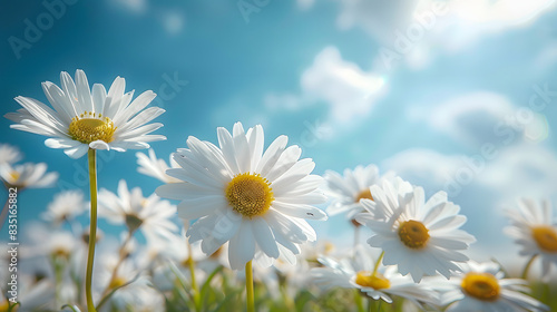 Blooming daisy field under blue sky isolated on white background, professional photography, png 
