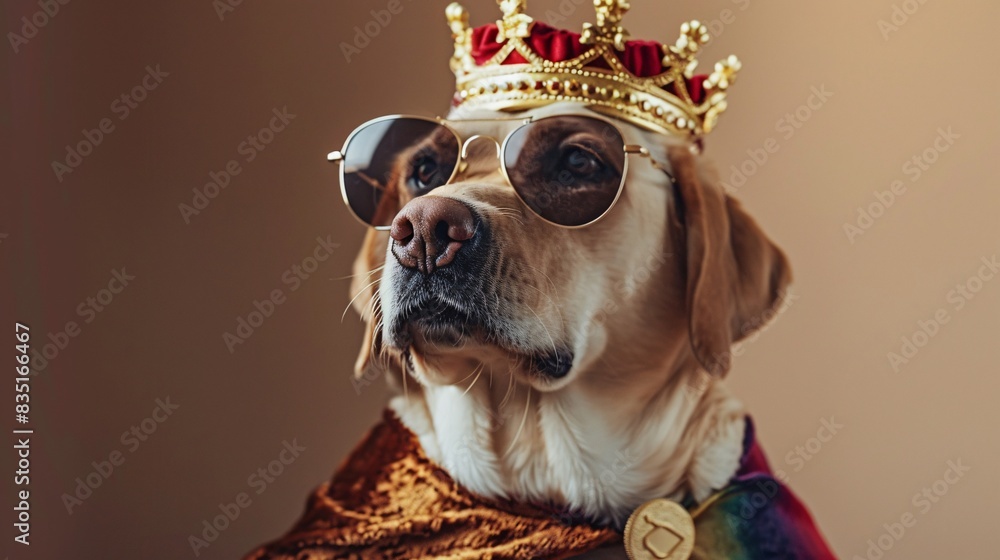 Obraz premium Labrador retriever sitting majestically with a rainbow cape and a gold crown for pride month