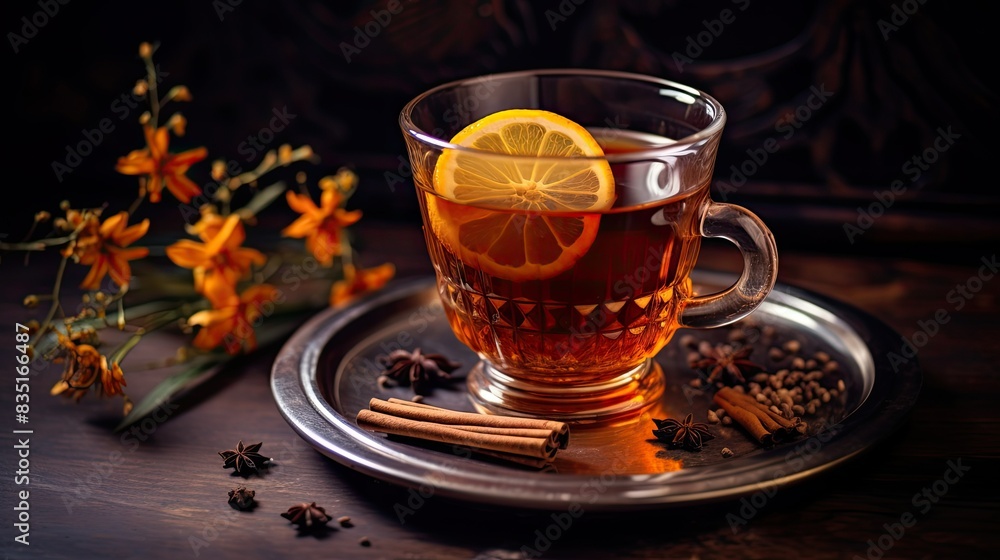 Photograph of a soothing echinacea tea with a slice of orange and a sprinkle of cinnamon Photograph of a soothing echinacea tea with a slice of orange and a sprinkle of cinnamon