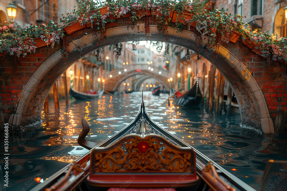 Obraz premium Venice, empty gondola, view from inside the gondola, 3d render
