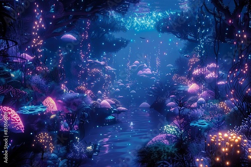 Visualize a diverse underwater cityscape with glowing