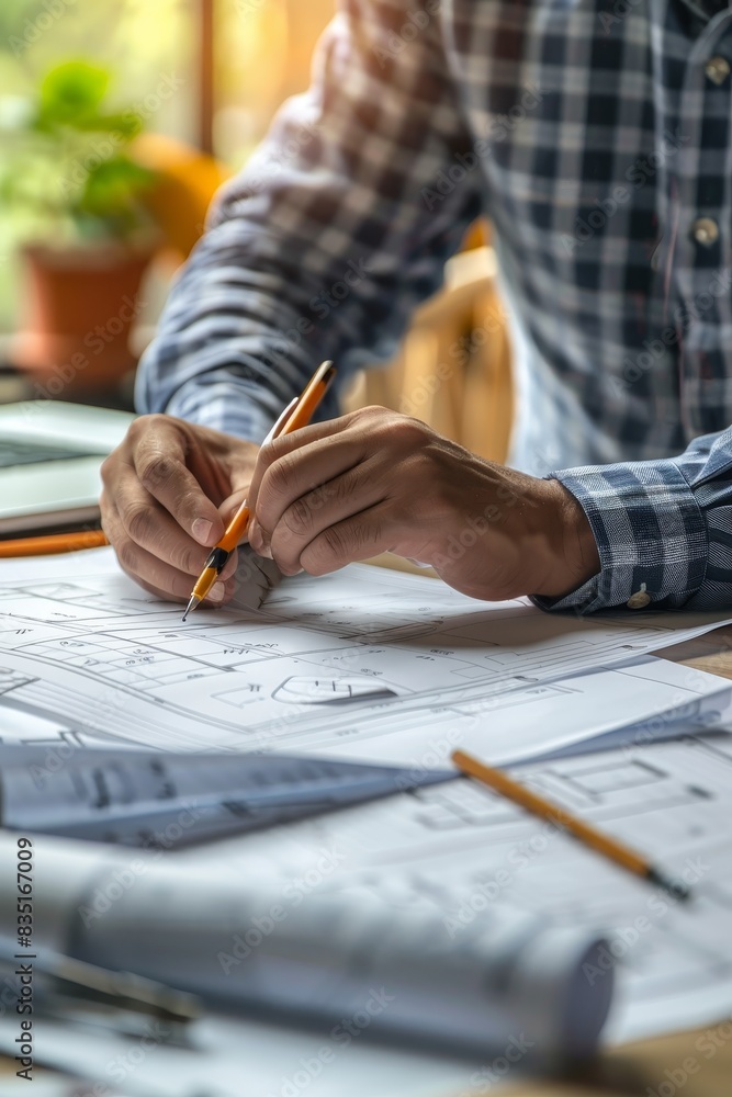 Architect sketching project blueprint at construction site or office desk Architect sketching project blueprint at construction site or office desk