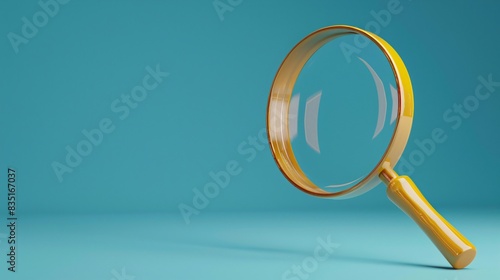 Close-up of a golden magnifying glass on a blue background, symbolizing search, investigation, discovery, and focus. 3D Illustration. photo