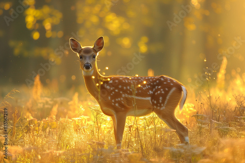 Deer grazing in a sunlit meadow