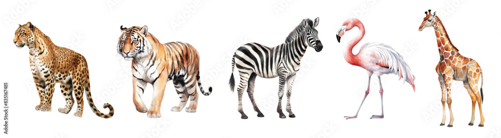 Obraz premium Watercolor set with leopard, tiger, flamingo, zebra and giraffe
