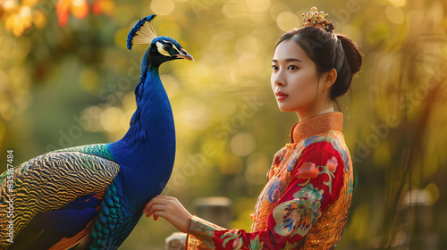 Asian woman in a traditional yet modern fusion dress posing with a colorful peacock