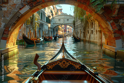 Venice, empty gondola, view from inside the gondola, 3d render